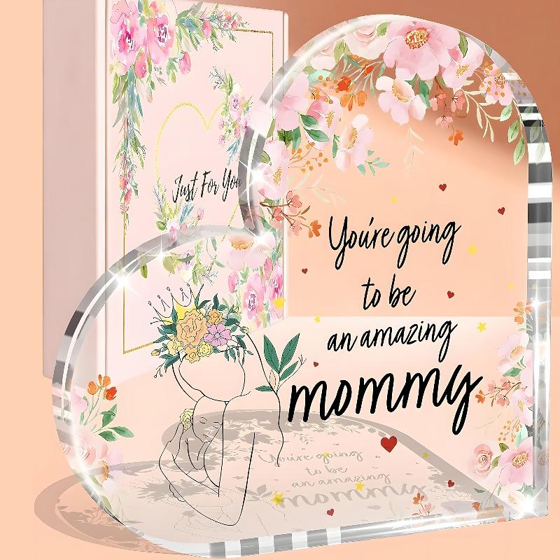 2D Flat,  You re Going To Be An Amazing Mommy  Heart-Shaped Acrylic New Mom Desktop Decoration, Floral Design, Suitable for Wall Decoration, Porch, Ro 10*10CM