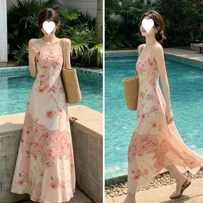 Spring and summer romantic atmosphere splicing printing elastic mesh yarn suspender dress women's trendy new holiday style