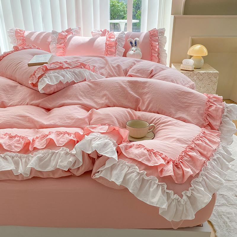 3-delige koren ruches beige Dekbedovertrek Set (1*Dekbedovertrek + 2*Kussensloop, Zonder Vulling),roze Beddengoed Set 173×229cm