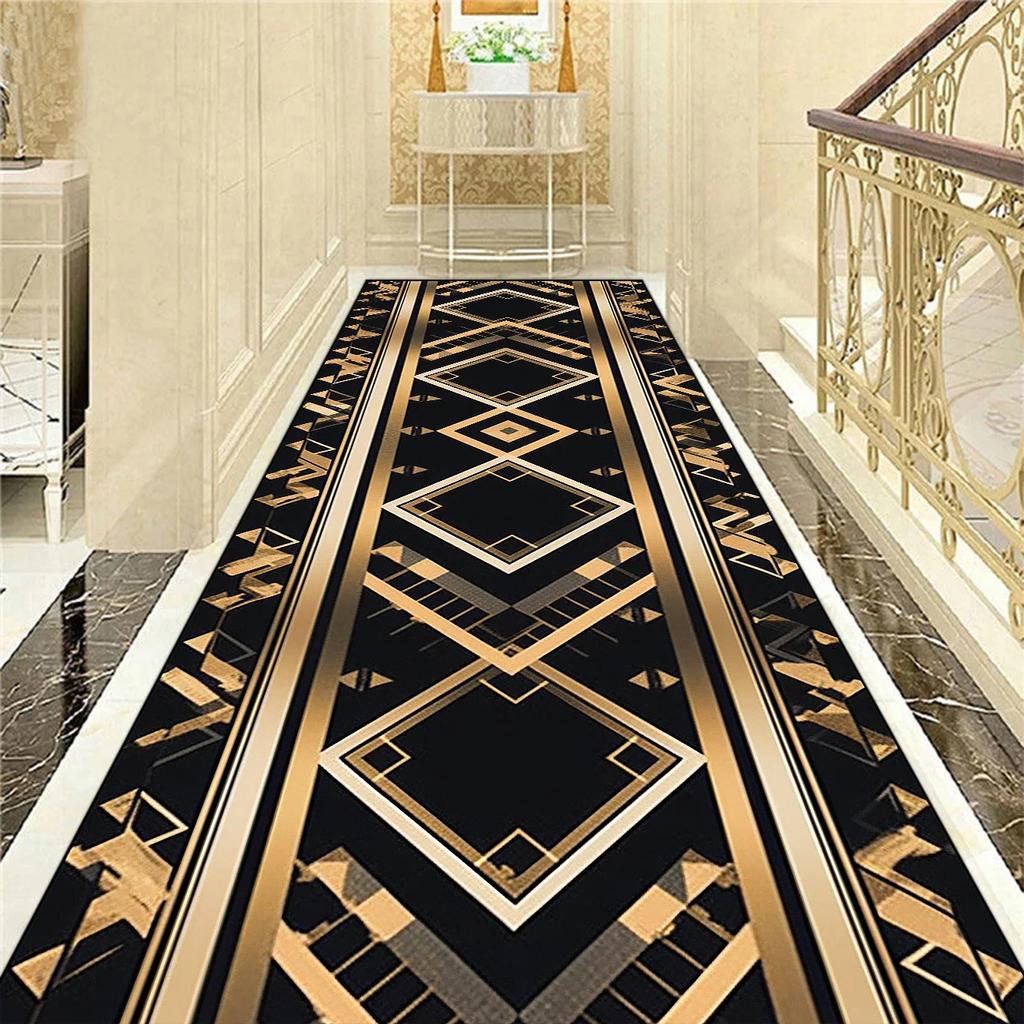Golden Luxury Long Corridor Carpet Nordic Style Villa Hallway Carpet Non-slip Washable Lobby Aisle Rug Customizable Runner Mat