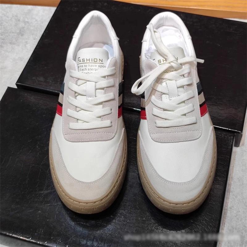 New Designer Men Genuine Leather Casual Shoes Fashion Striped Flat Skate Shoes Young Man Cool Sneaker