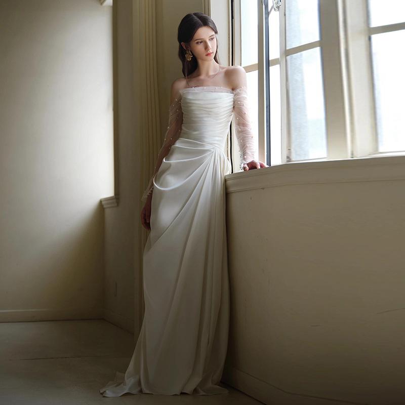 French Light Wedding Dress Bridal Tube Top Mori Super Fairy One-word Shoulder Out Dress Long-sleeved White Engagement Dress Dress