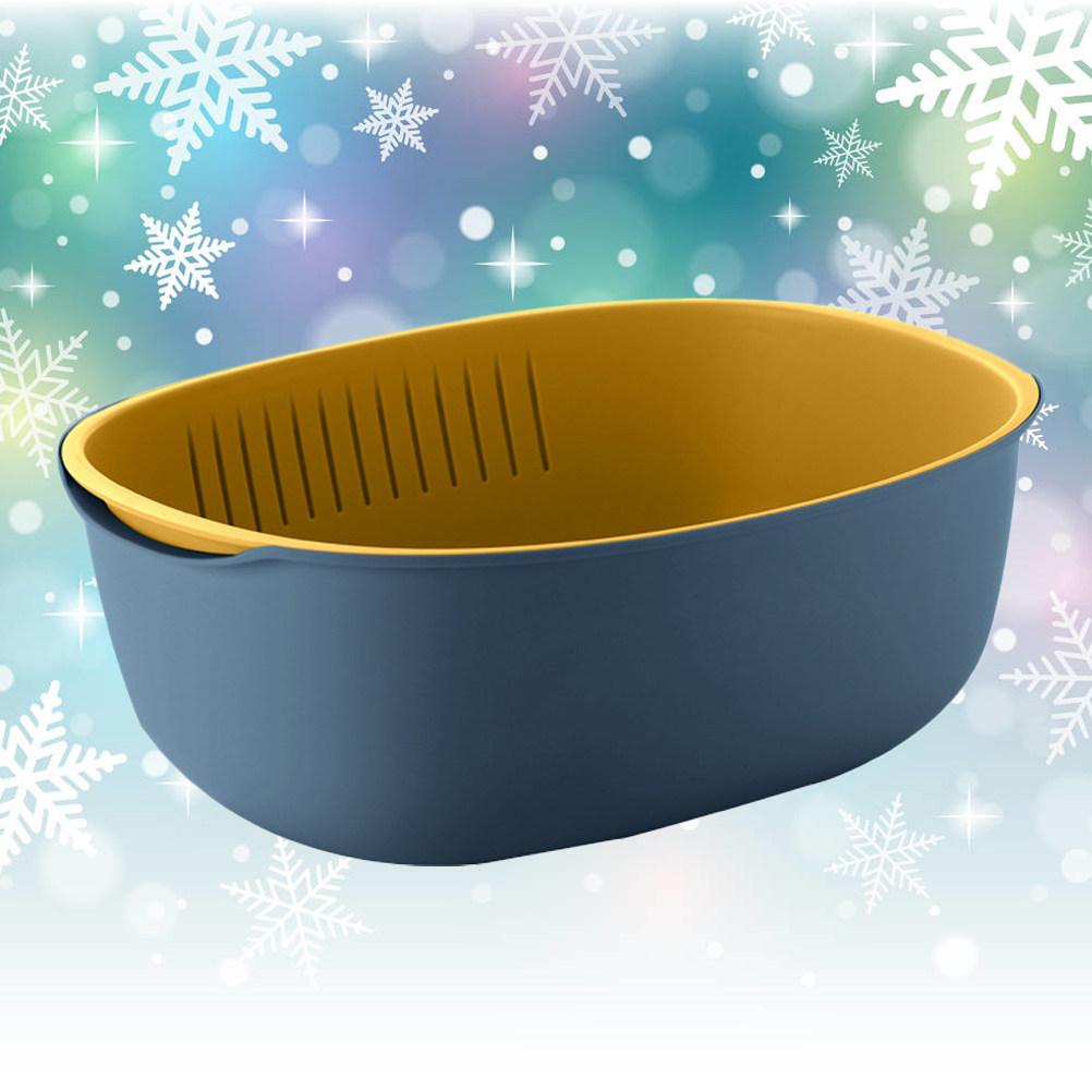 1Pcs Double-Layer Plastic Drain Basket Food-Grade Stackable Fruit Vegetable Washing Sieve with Hidden Drain Layer Oval Dark Blue