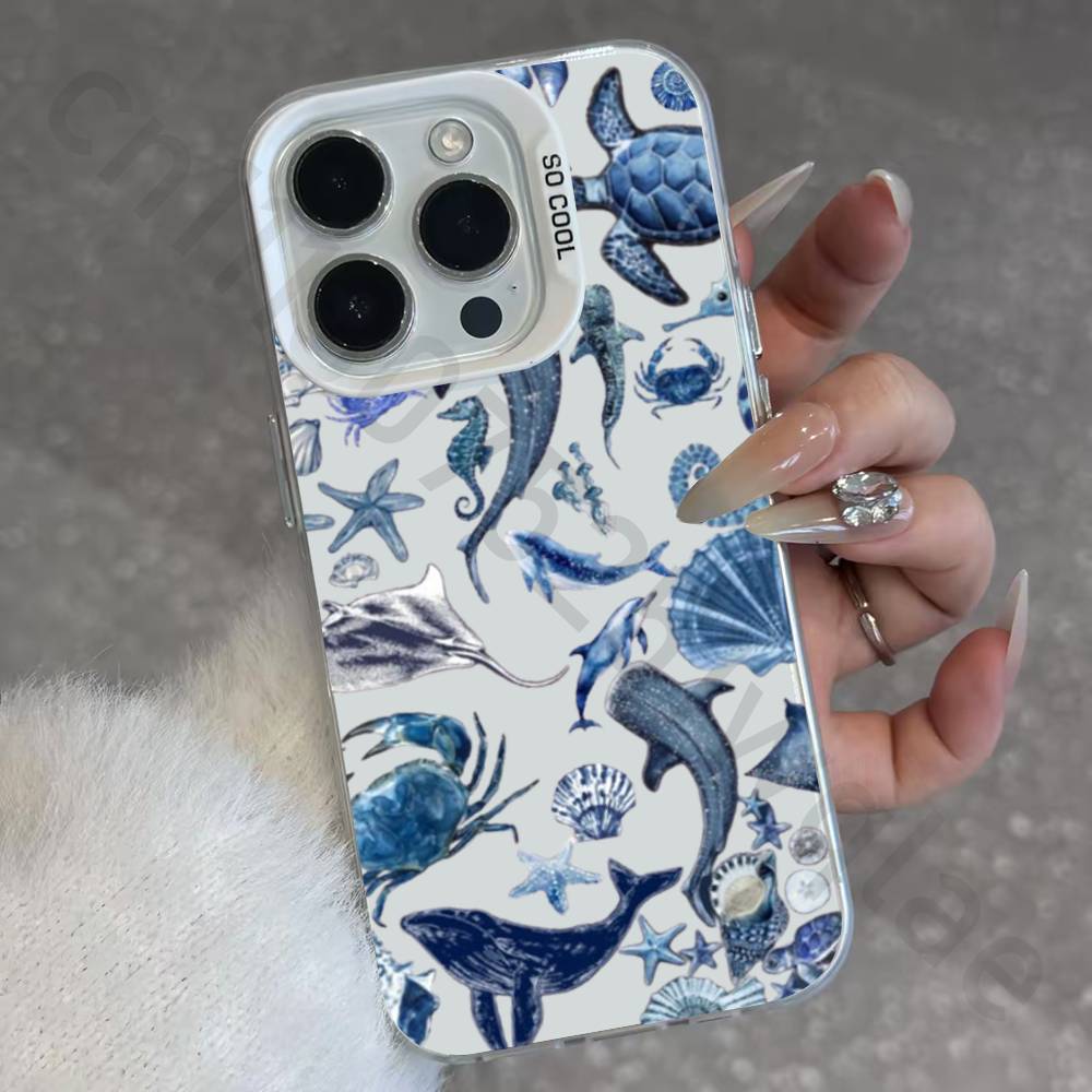 Marine Animals Sea Elements IMD Case for iPhone 17 16 15 14 13 12 11 Pro Max Air Plus Shockproof Plating Matte TPU Funda