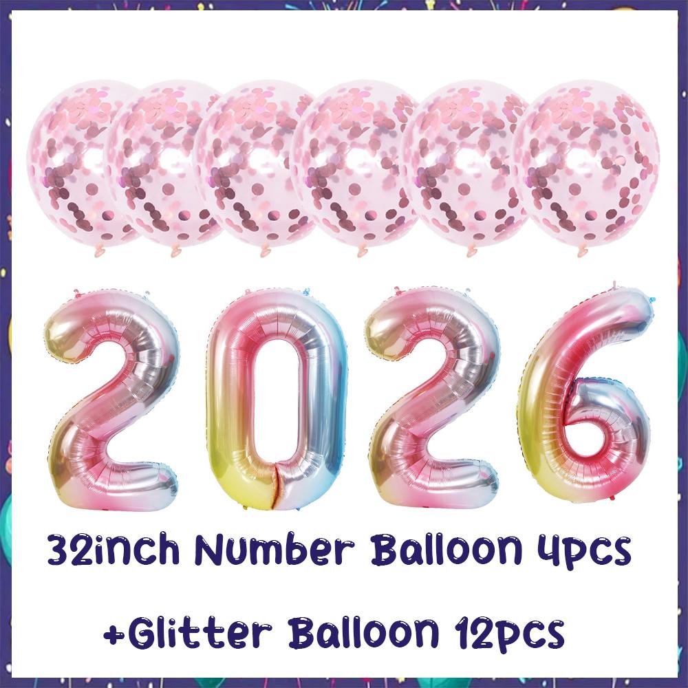 32inch 2026 Foil Balloons Color New Year Party Decorations Anniversary Supplies 12 Inch Glitter Latex Balloons Photo Booth Props