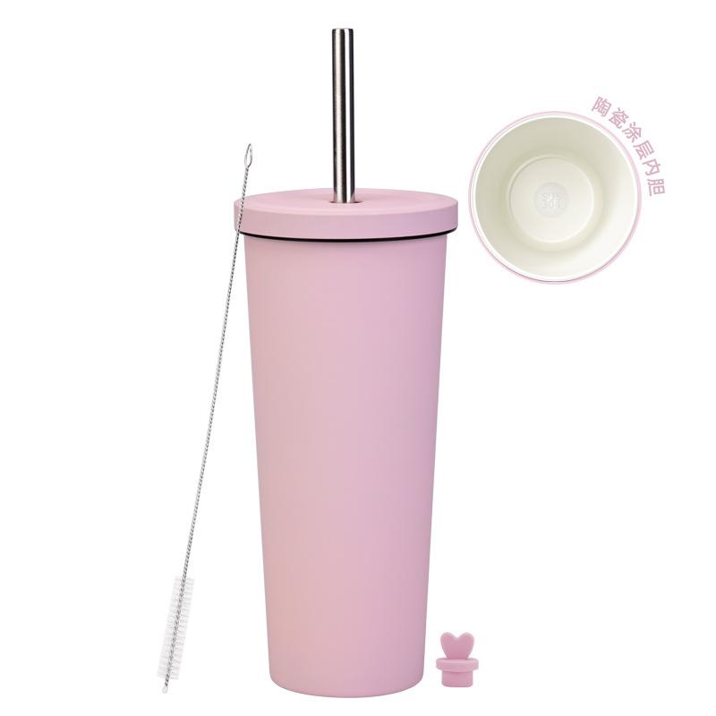 2025 Ceramic Liner Milk Tea Cup Large Capacity 830Ml Thermos Cup Stainless Steel Straw Cup