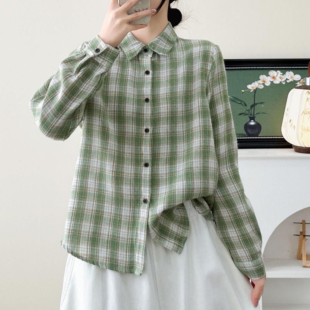 Women's 2026 Early Spring Brushed Cotton Plaid Shirt - Korean Retro Hong Kong Style, Long Sleeve, Niche, Lazy Chic