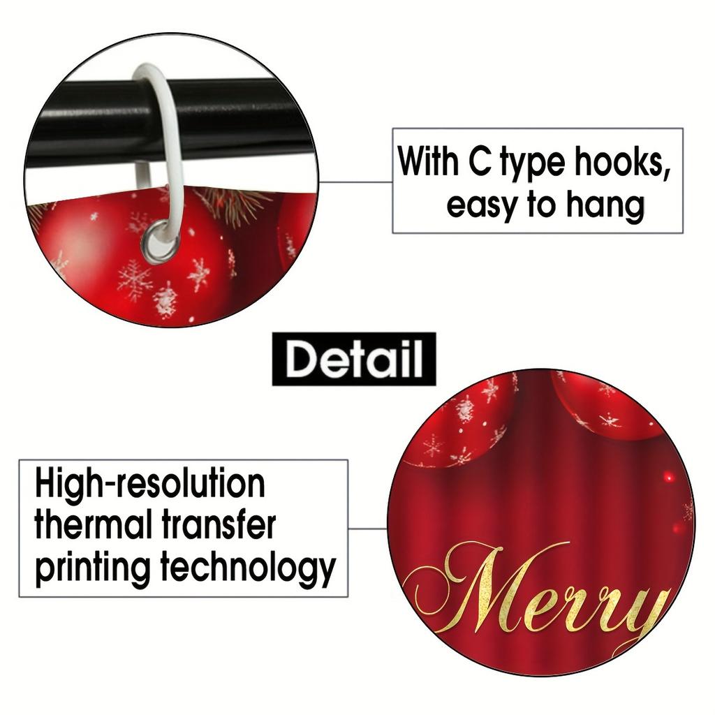 4Pcs Merry Christmas Shower Curtain Set with Non-Slip Bath Mat, Toilet Lid Cover, Contour Rug & 12 Hooks, Bathroom Decor