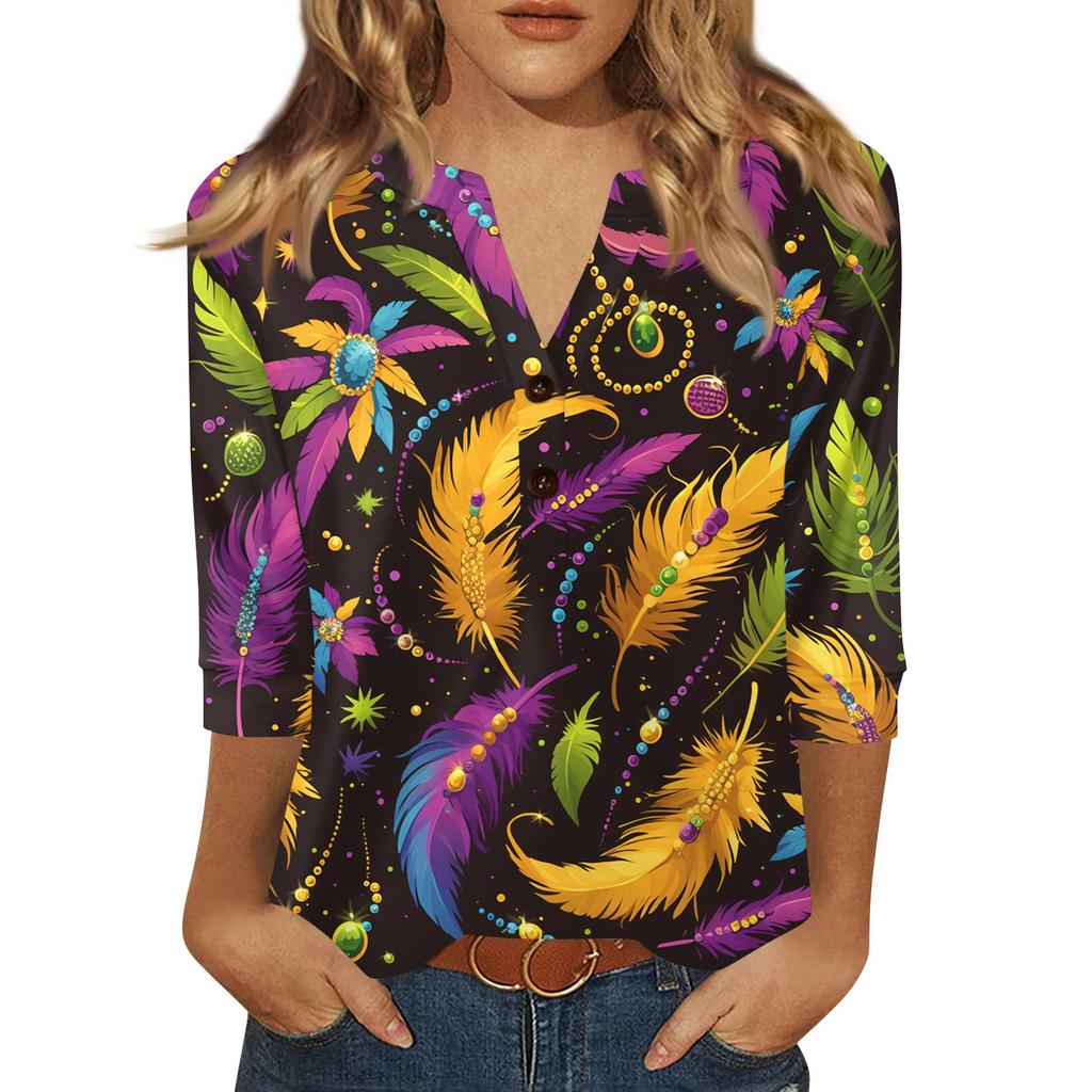 Women's Carnival Printed Fashionable Casual V-neck Button Seven Inch Sleeve T-shirt Top
