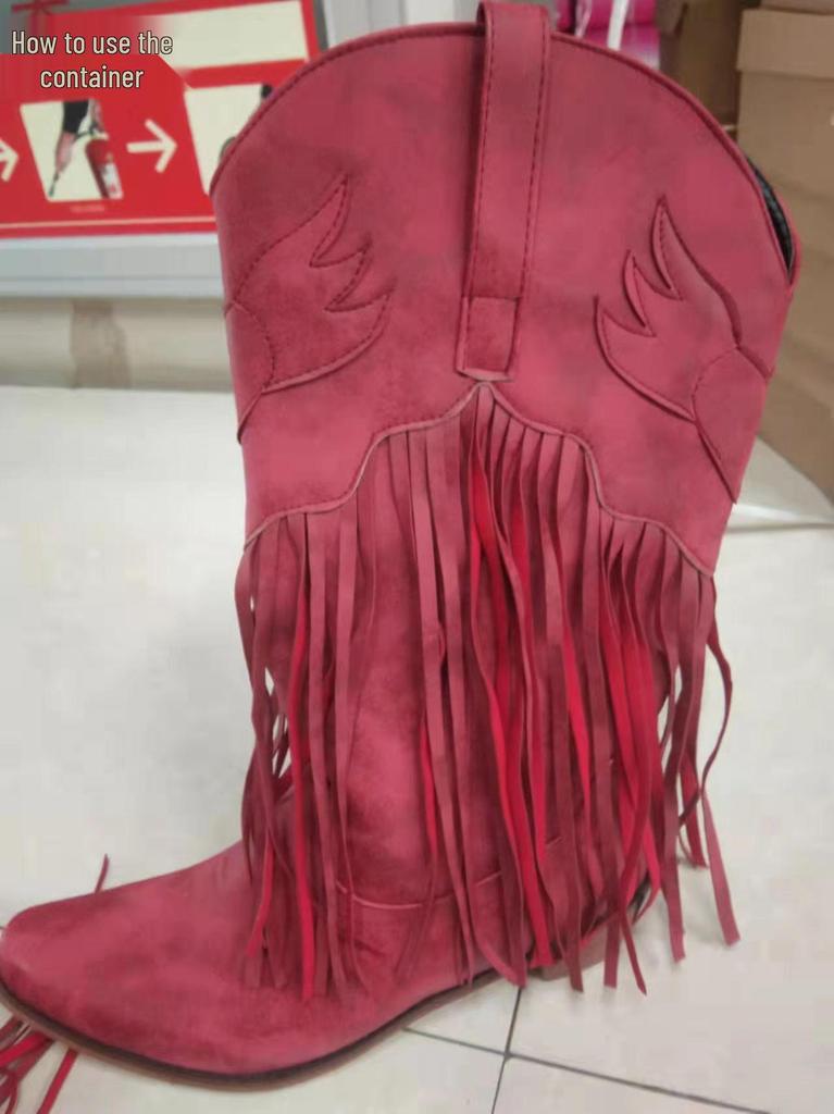 Women's Retro Handmade Pointed Toe Mid-Calf Fringe Boots with Chunky High Heels 