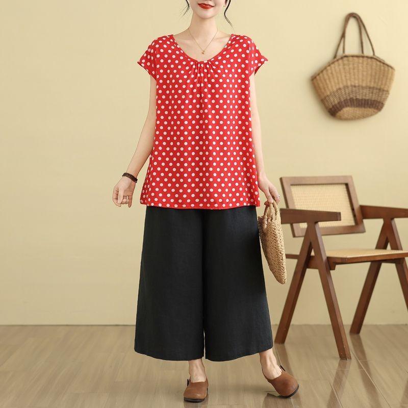Summer Women's Polka Dot Print Blouse Loose Fit V Neck Sleeveless Casual Top