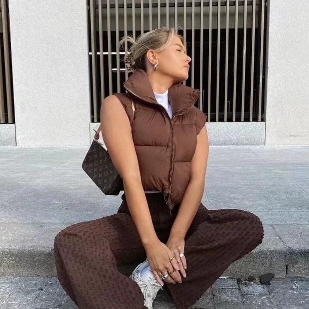 

Хлопковый жилет женский короткий со стойкой воротником свободный пуховый хлопковый женский жилет куртка L кофейный