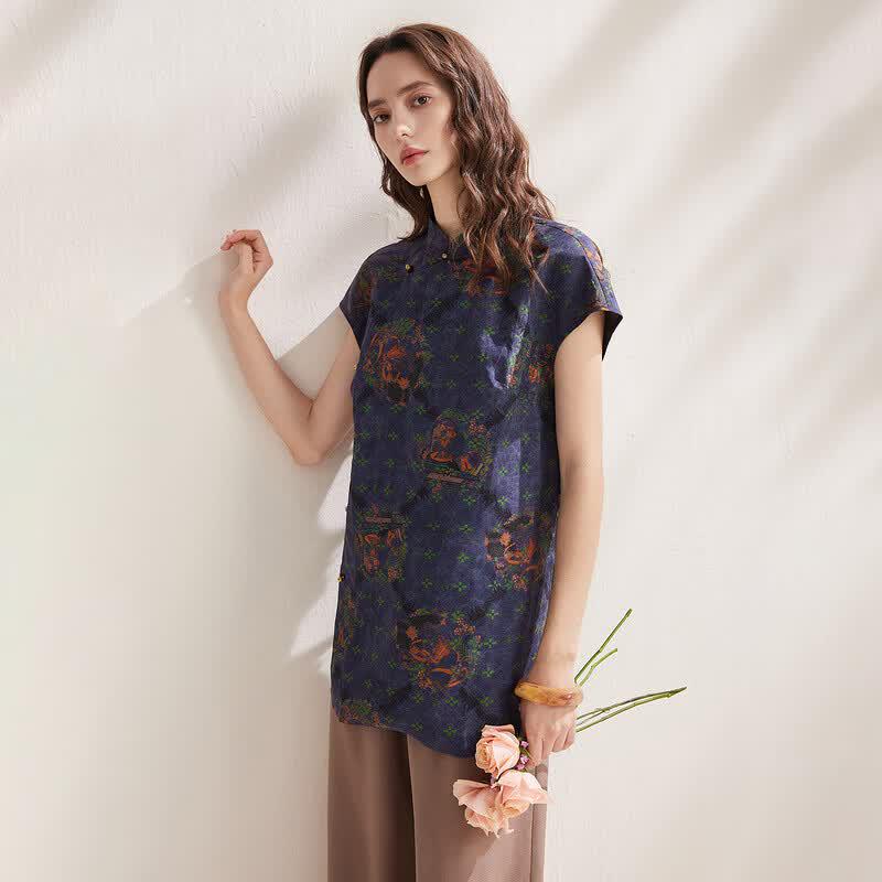 Zhaojun 2026 New Chinese Style Mulberry Silk Floral Short-Sleeve Top