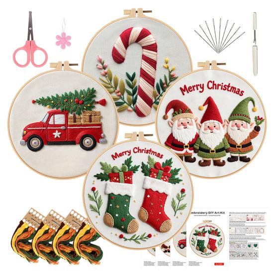 Christmas Cross Stitch Kit for Beginners Embroidery DIY Material Package with Hoops Colored Threads