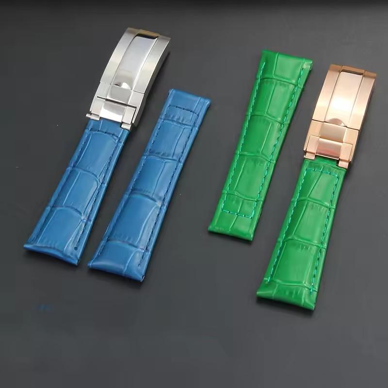 Genuine Leather Accessory for Rolex Daytona Datejust Black Green Submariner Long Wearing Comfort Folding Buckle Watchband 20mm