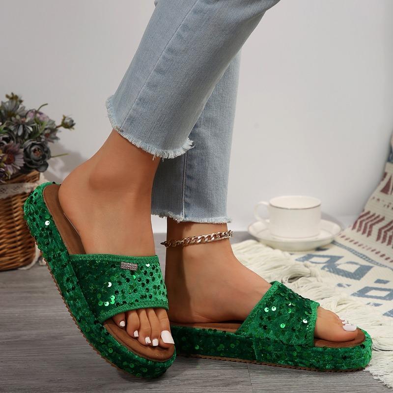 Fashion New Summer Slippers Women Fashion Round Head Open-toe Sequin Cloth Thick Soled Anti-slip Wear-resistant Sandals