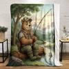 Fishing Bear by River In Forest Scene Patterned Flannel Blanket Perfect for the Bedroom Living Room, Sofa, or a Little Nap