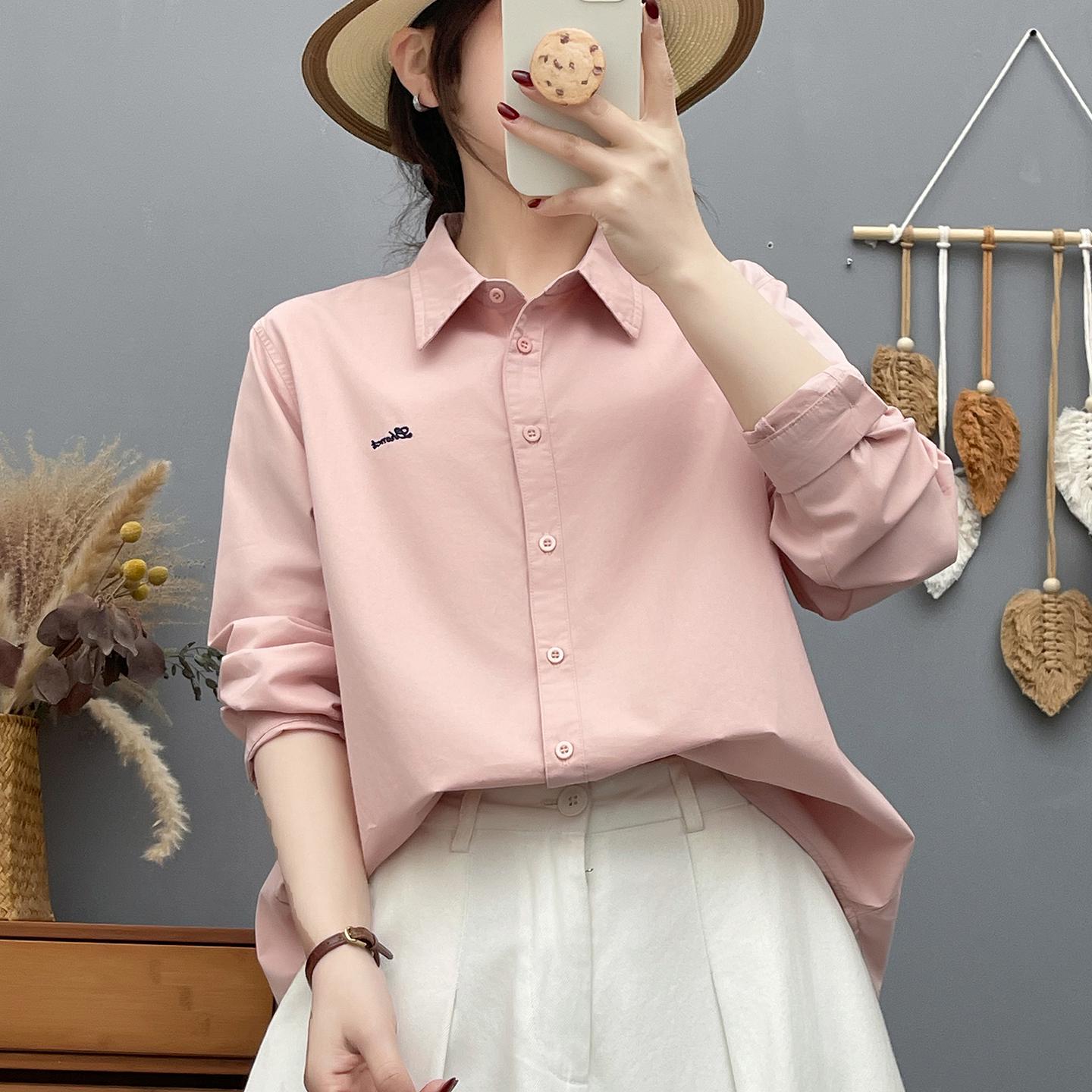 

Women s Long Sleeve Embroidered Cotton Shirt - Candy Color, High Quality, Versatile Loose Fit Casual Top M (Recommended 100-130 lbs)