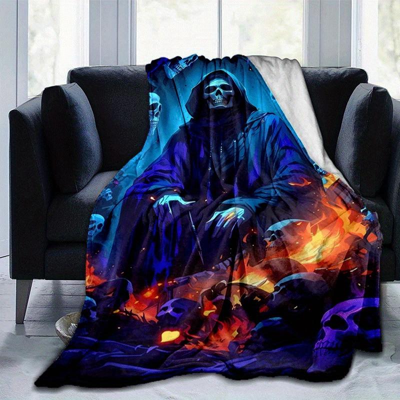 1pc Skeleton Printing Lightweight Flannel Blanket, Comfortable and Warm Blanket, for Camping Sofa Bed and Couch Office, in All Seasons