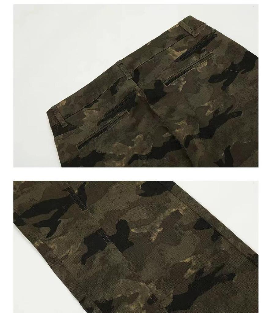 Unisex American Retro Camo Slim Fit Multi-Pocket Jeans with Micro Flare