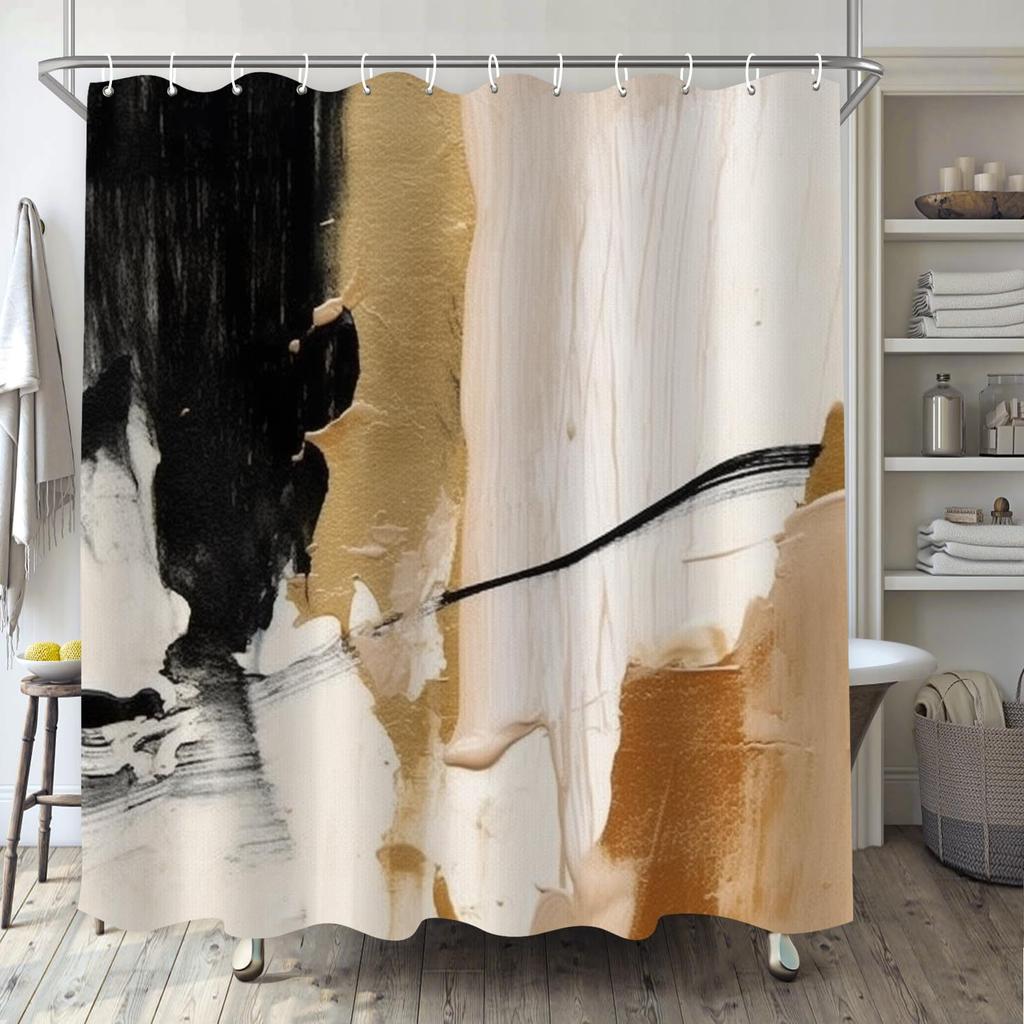 Abstract Simple Modern Shower Curtain Set Dark Brown Neutral Modern Brushstroke Art Waterproof Bathroom Curtain With Hook