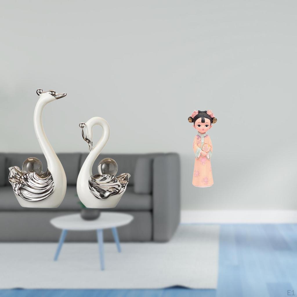 Porcelain Swan And Girl Resin Figurine Collection Traditional Chinese Ancient Miniature Sculpture