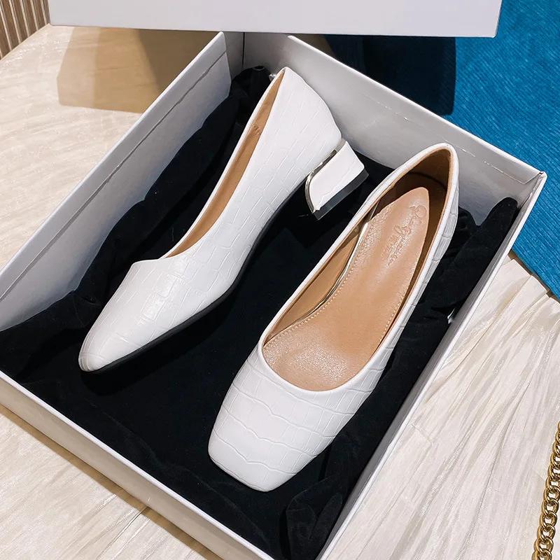 New Women Fashion Pumps High OL Basic Model Stone Pattern High Heels Shoes Ladies Square Toe Leather Casual Boat Shoes