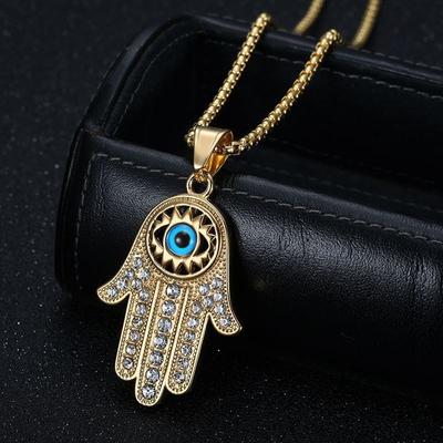 Hiphop Jewelry Gold-plated Rhinestone Blue Eyes Hand of Fatima Necklace