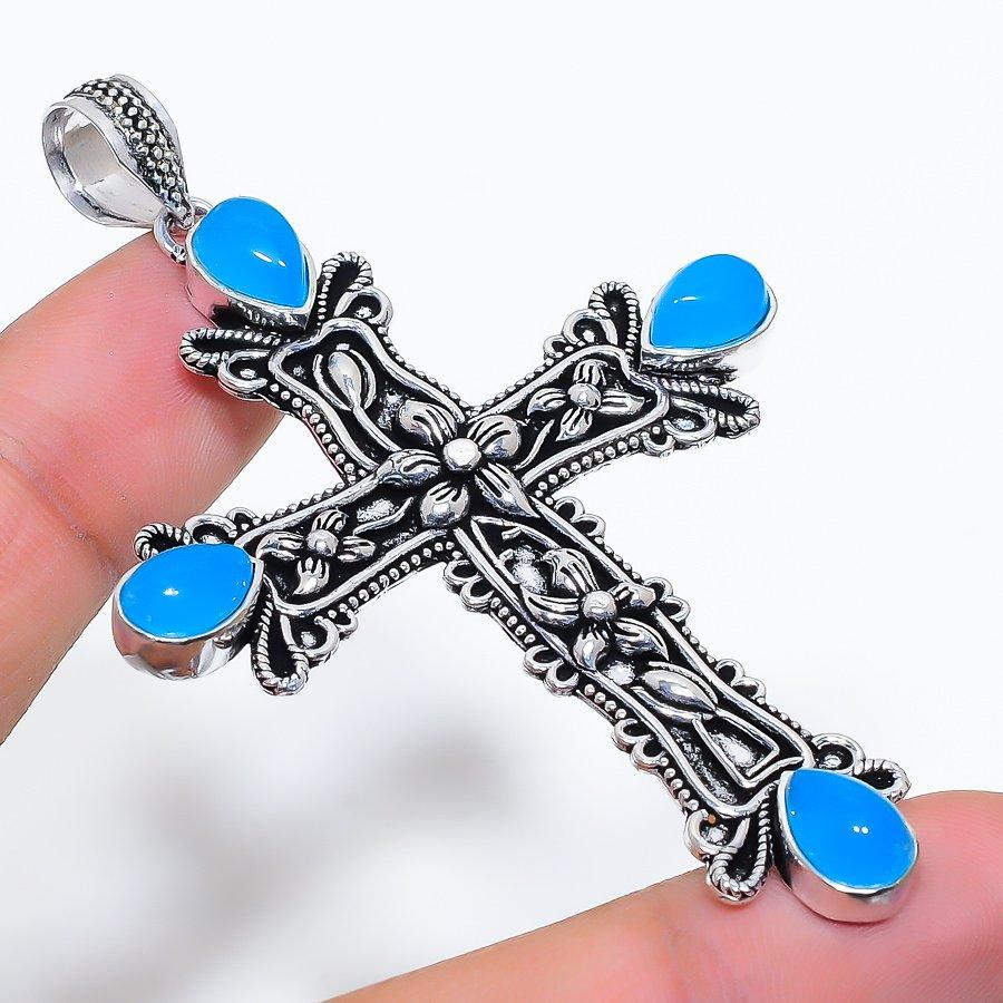 

Cross Aqua Chalcedony Gemstone Handmade Ethnic Jewelry Pendant 2.96 VR-3609