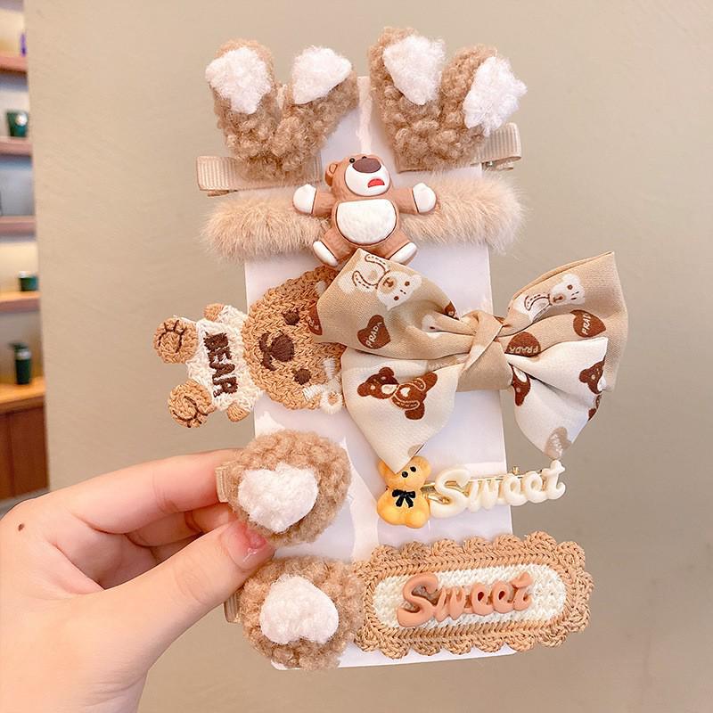 Autumn & Winter Plush Bear Hair Accessories: Cute Milk Coffee Wool Flower Butterfly Hairpin for Children
