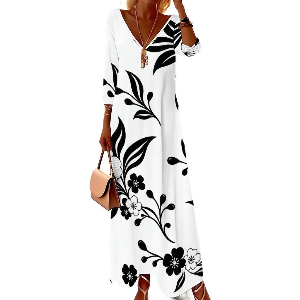 Women Plus Size V Neck Three Quarter Sleeve White Purple Floral Printed Long Dress