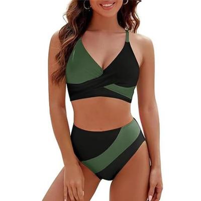Women 2 Pieces Bikini Set Patchwork V-Neck Sleeveless Tops Thong Bottoms Beach Bathing Suit for Women