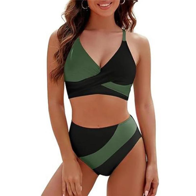 Women 2 Pieces Bikini Set Patchwork V-Neck Sleeveless Tops Thong Bottoms Beach Bathing Suit for Women