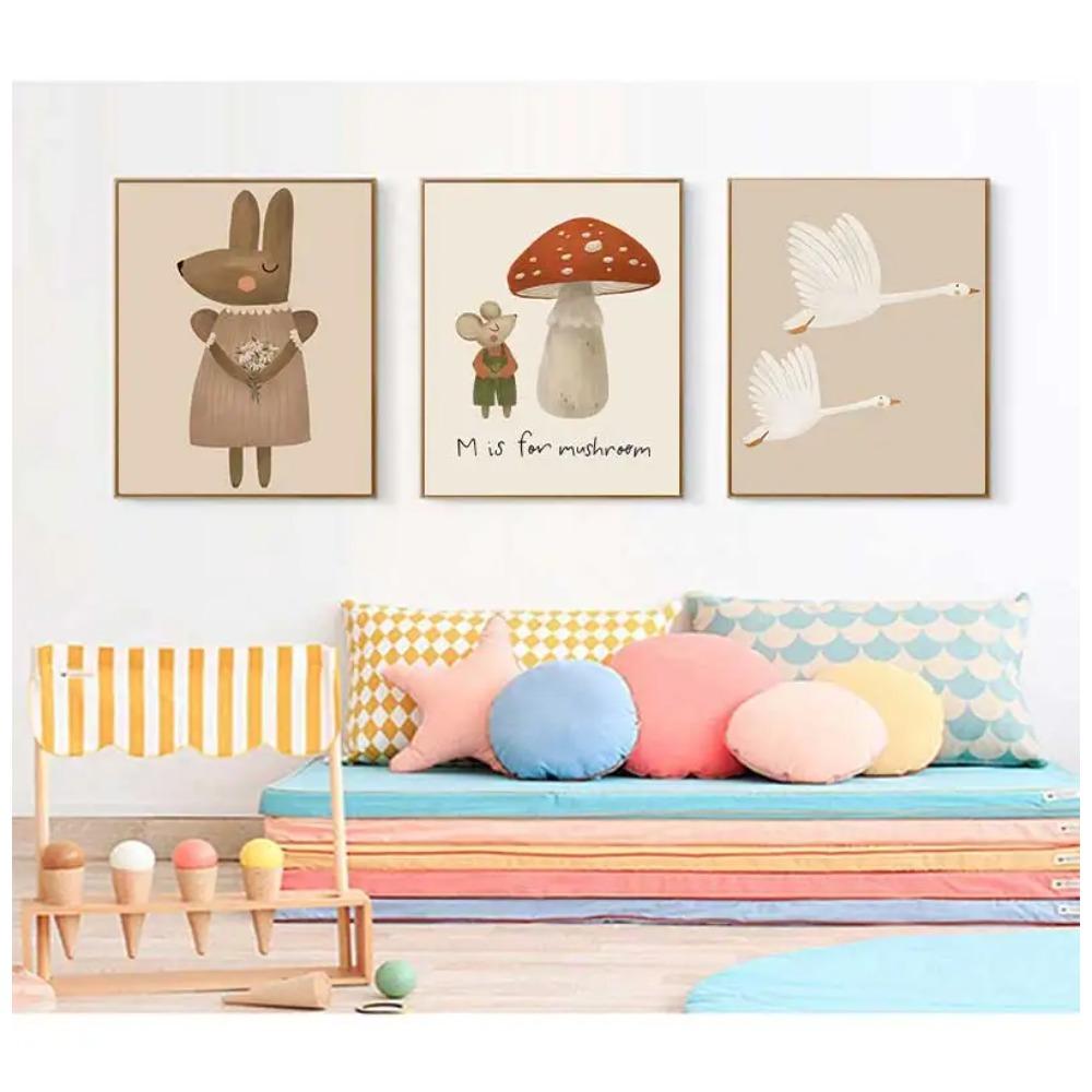 Boho Cartoon Rabbit Mouse Goose Nursery Wall Art Canvas Painting Nordic Retro Poster Prints Wall Picture Baby Kids Room Decor