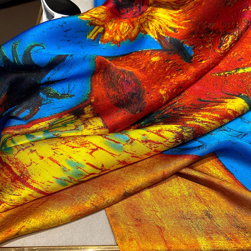 Van Gogh Oil Painting Silk Scarf Women Luxury Brand Sunflower Print Shawl Femme Summer Beach Sunscreen Wraps Long Hijab Foulard