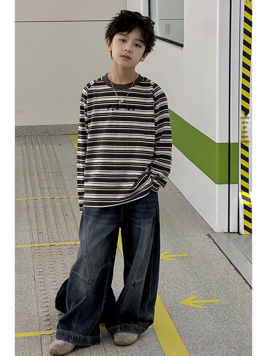 

Полосатая футболка с длинным рукавом для мальчиков - Корейский стиль 2025 Весенне-осенний тренд 130 cm