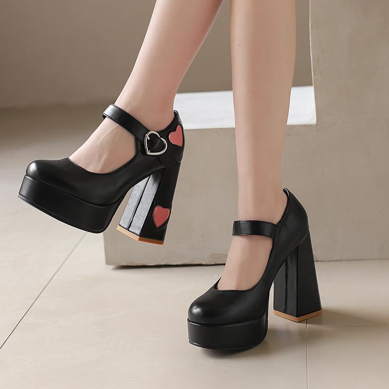 2025 Pumps Women Party Mary Jane Shoes Lolita Platform Leather 12cm Block Heels for Girls Red White Pink Black Size 43