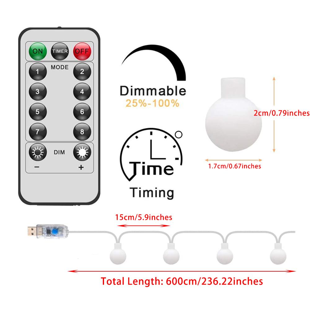 1pc Globe String Lights Outdoor,6M 40 LED Fairy String Lights Wall Decor, USB Powered 8 Modes Christmas Fairy Lights with Remote