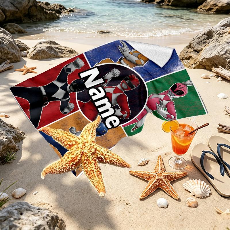 Custom Name Personalized Mighty Morphin Power Rangers Print Beach Towel, for Trip Camping Beach Party Home Decor, Birthday Gift for Family & Friends
