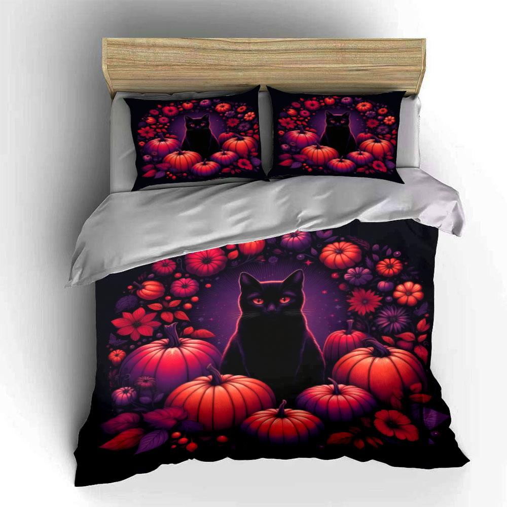 Halloween Cat Pumpkin Decor Soft Comfortable Duvet Cover Bedding Set Included 1*Duvet Cover & 2*Pillowcases, Gift