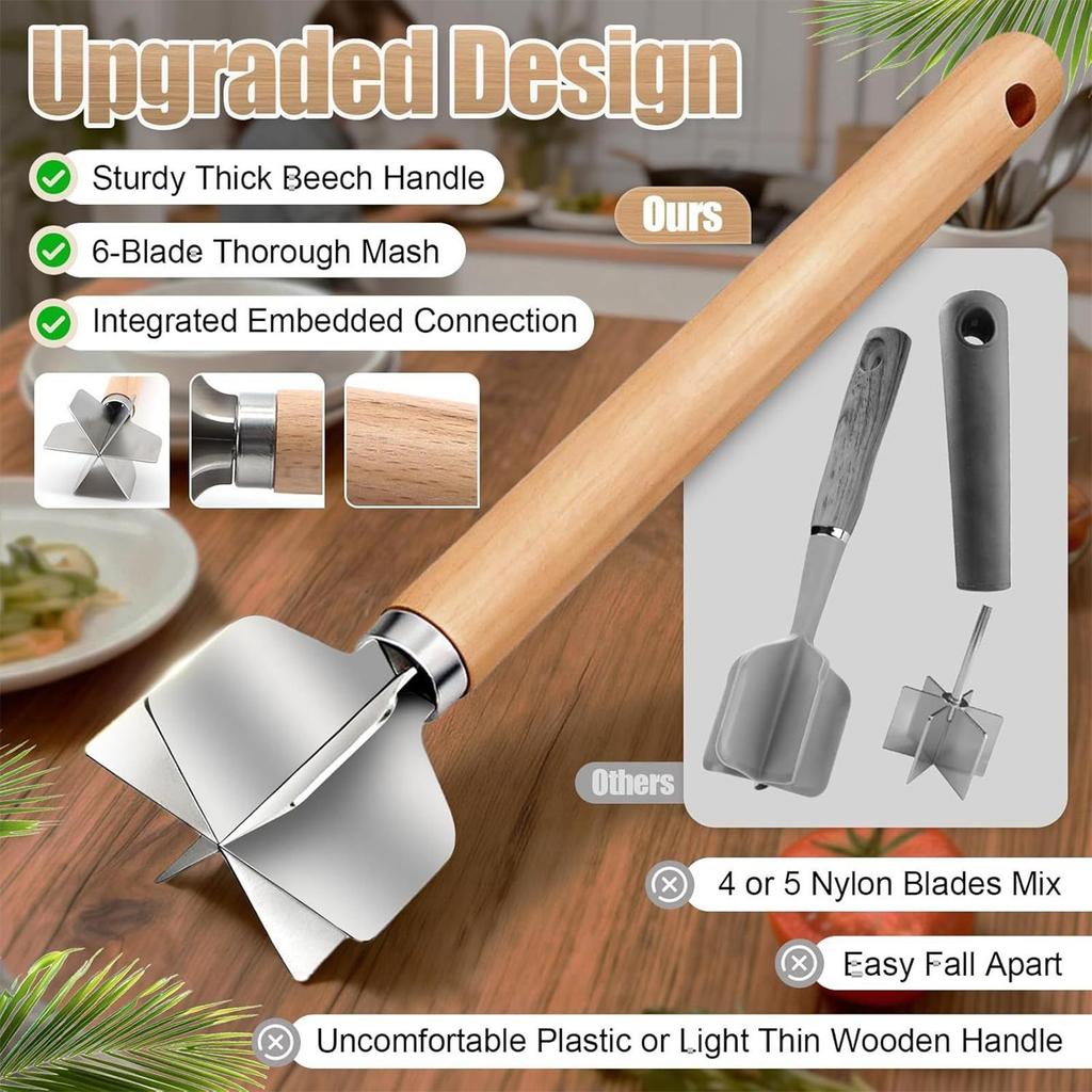 Meat Chopper with Wooden Handle & Non-Stick Coating Heavy Duty Food Masher for Potato Vegetable Beef Nut, Home Restaurant Use