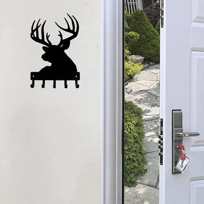 Buck Head Deer Key Rack Hanger - 6 Inch/9 Inch Wide Metal Wall Art with Wall-Mounted Hooks for Key and Coat Organization