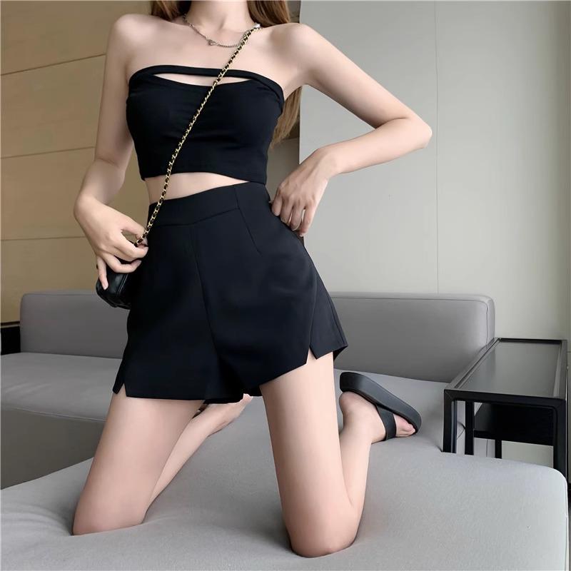 Women's Summer 2024 Black High Waist Slimming Wide-Leg Shorts - Casual Mature Style
