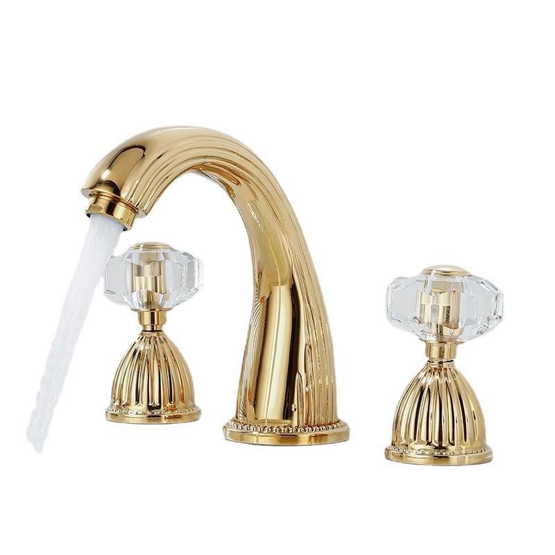 Gold Brass Bathroom Basin Faucet Deck Mounted Crystal Double Handle Three Hole Cold And Hot Mixed Water Sink Tap Bathtub Faucet