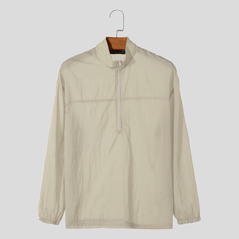 

INCERUN летние мужские легкие топы на молнии для пляжного отдыха и защиты от солнца рубашки 2XL бежевый