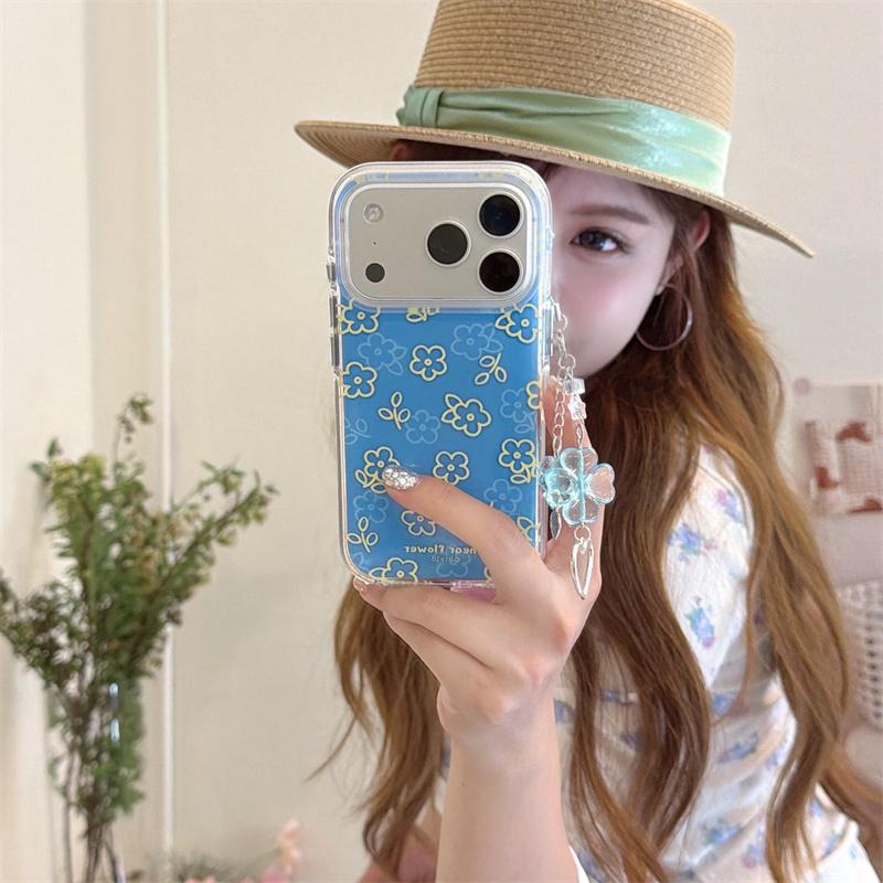 Kawaii Blue Yellow Line Floral Clear Phone Case With Matching Wrist Strap For iPhone 14 15 16 17 Pro Max INS Cute Shockproof Cov