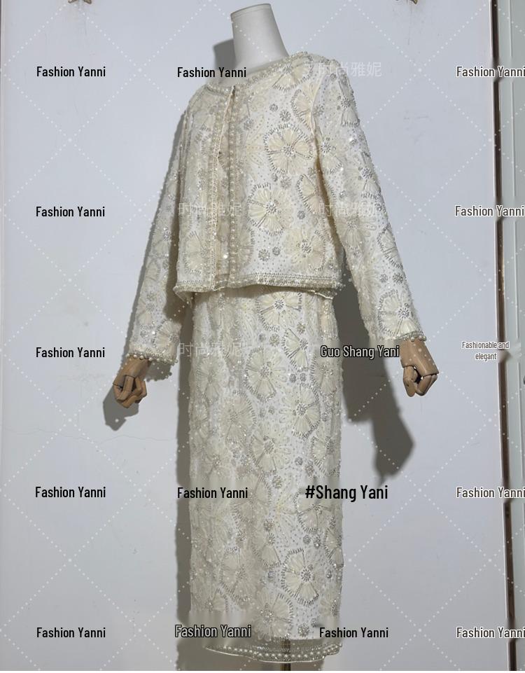 Evropský a americký styl flitrová perlová květinová vesta, sukně a kardigan set