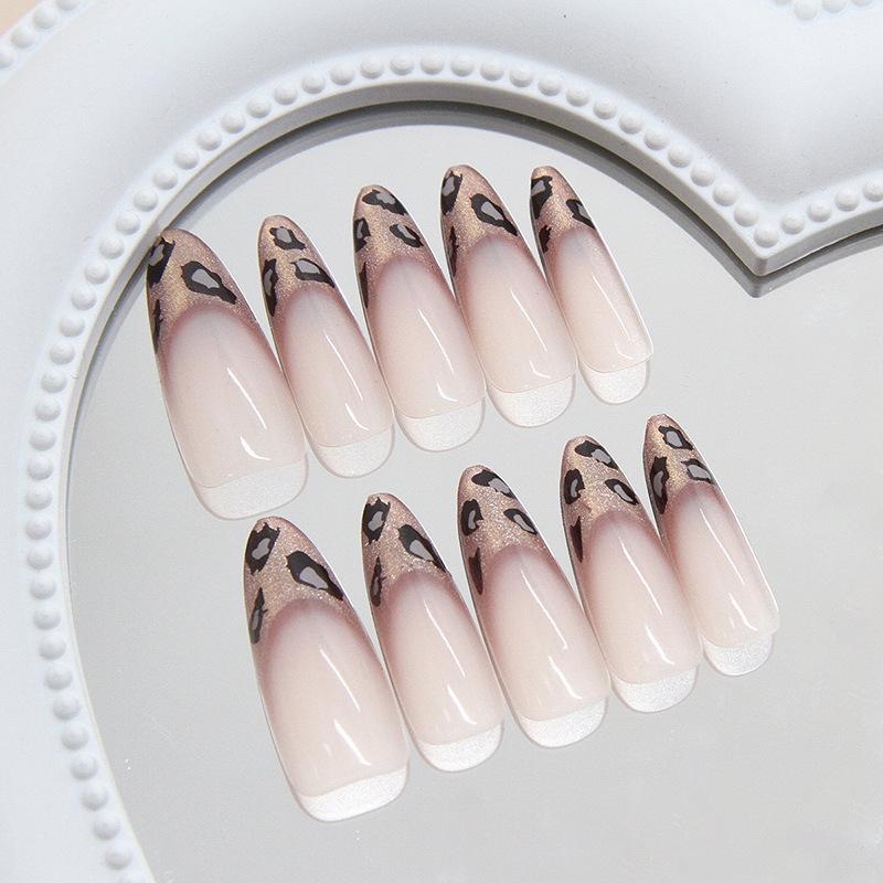 BEPAN 24pcs French Cat Eye Leopard Print Press on Nails Simple Short Nails Full Cover Wearable False Nails