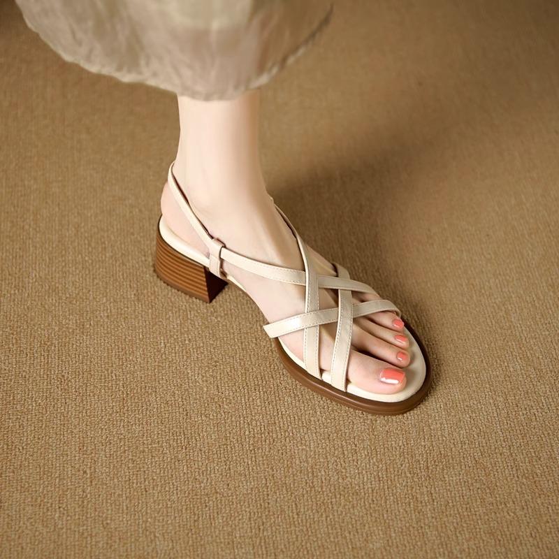 Genuine leather~ French sandals for women's summer 2025 new models with skirts, beautiful high heels, thick heels, Roman shoes