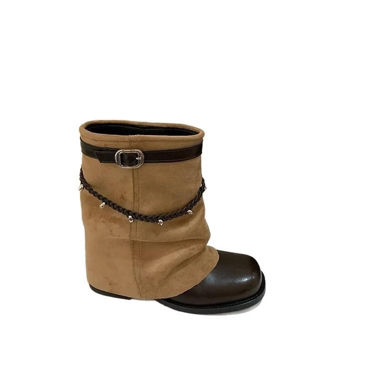 Retro style woven belt belt buckle stack boots women's new thick heel short boots locomotive boots western cowboy boots